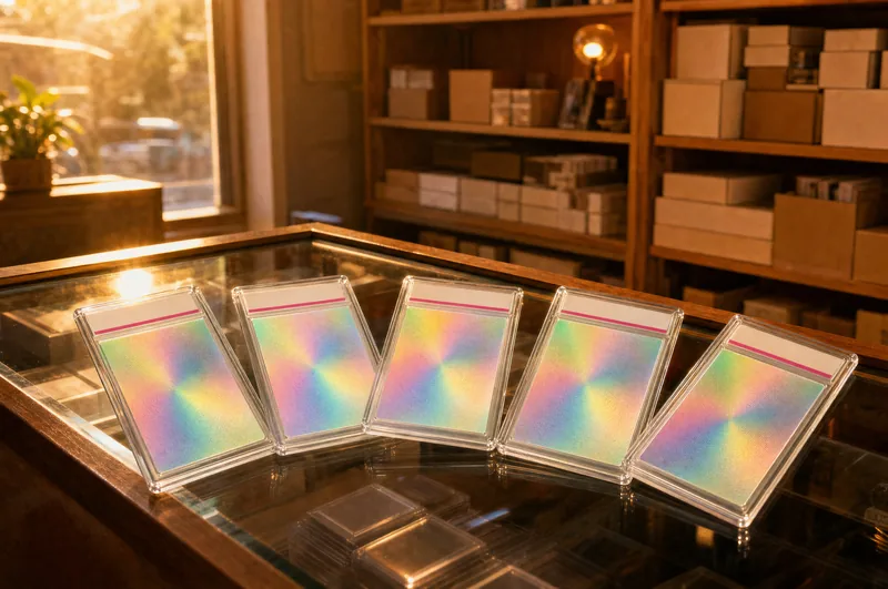 Graded card slabs fanned out on a glass shop counter